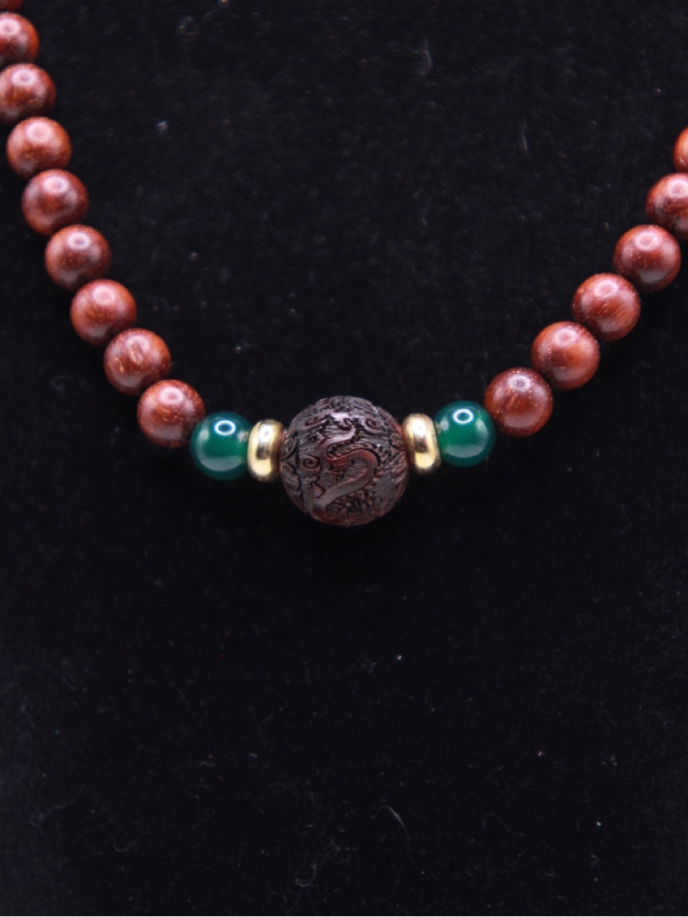 Handcrafted Sandalwood mala necklace natural jade beads carved 28” elastic